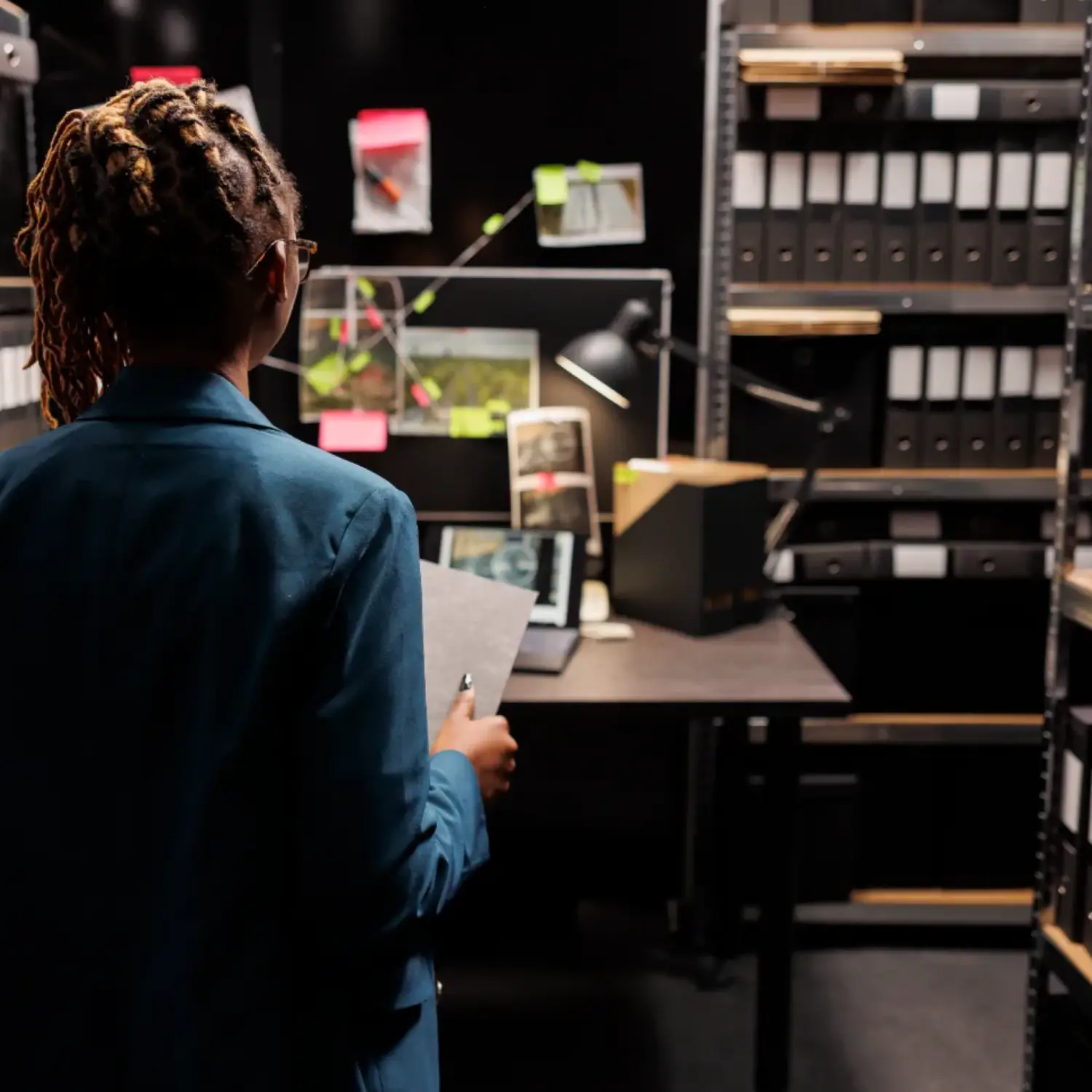 police-investigator-holding-crime-matter-file-analyzing-evidence-board-office-late